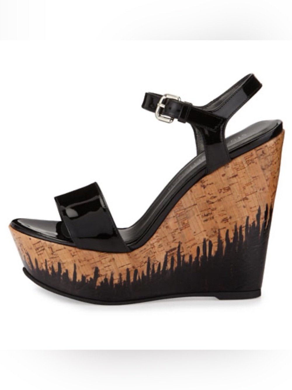 Stuart Weitzman Black Patent Cork Platform Wedge Sandals